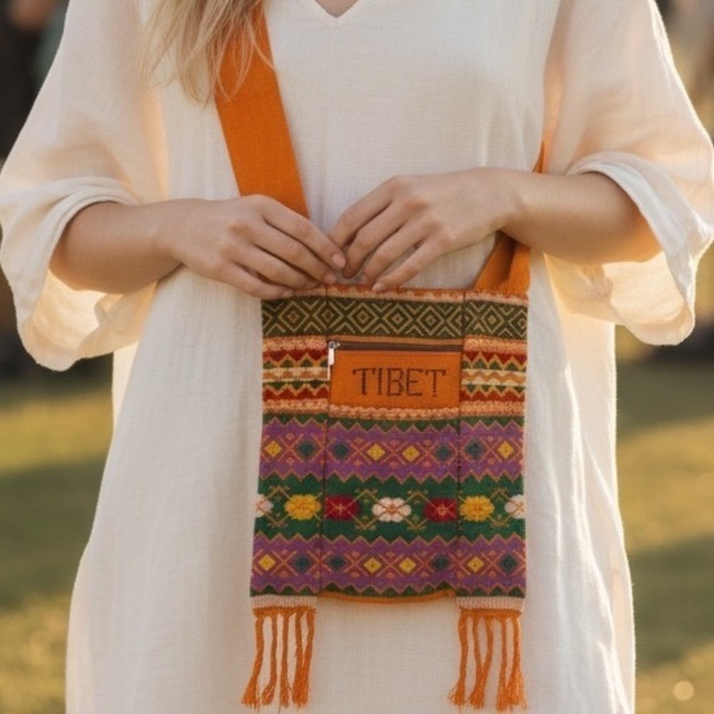 Vintage Tibet Monk Handmade Woven‎ Crossbody Gompa Bag Geometric Fringe